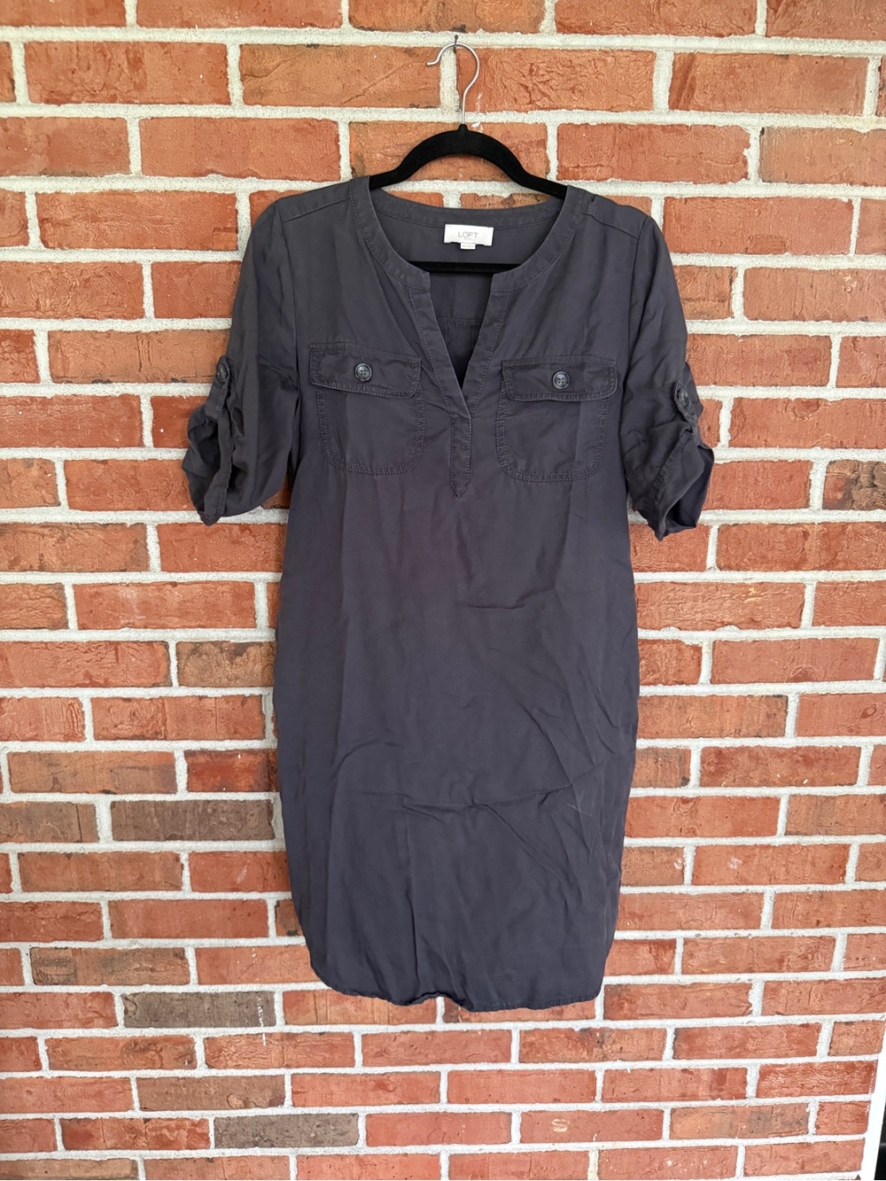 LOFT Dark Gray Roll-Tab Shirt Dress